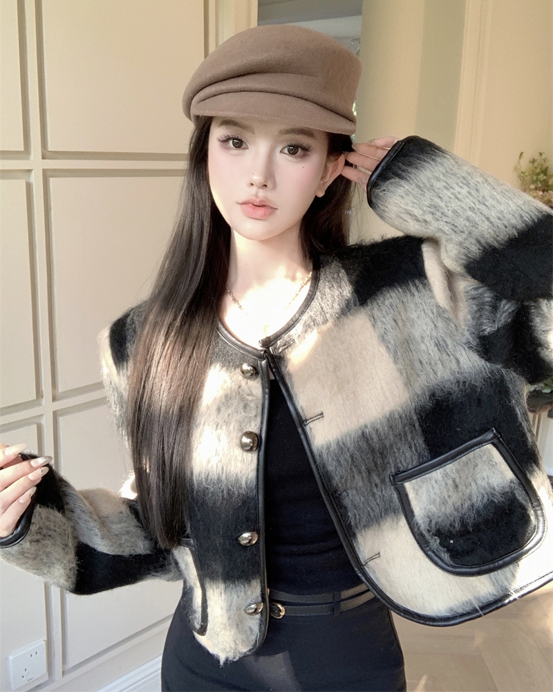 實拍 秋冬高級感小香風拼色格子圓領短款毛呢外套大衣女