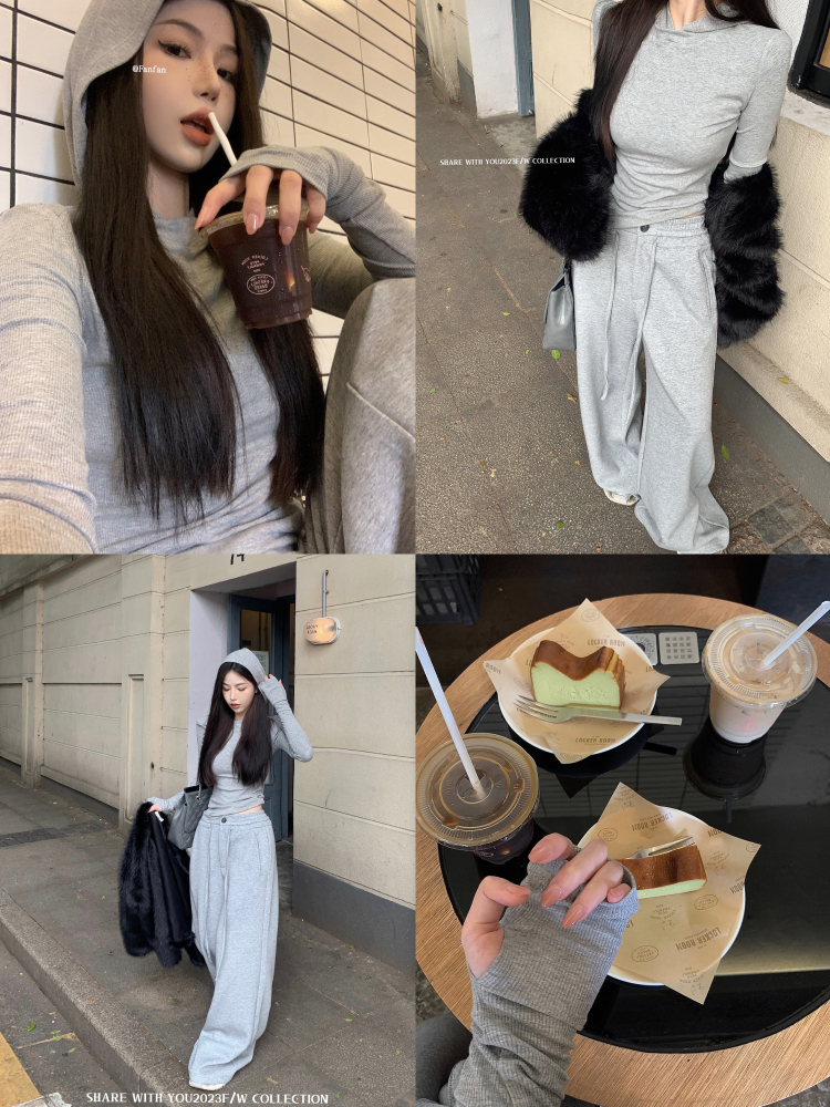 實拍 辣妹螺紋連帽打底衫女秋季+抽繩慵懶風寬鬆休閒運動衛褲