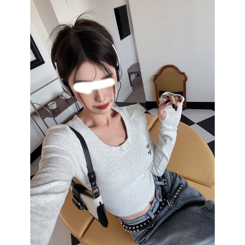 帶袖套辣妹純欲秋短款緊身顯瘦小眾內搭打底衫上衣