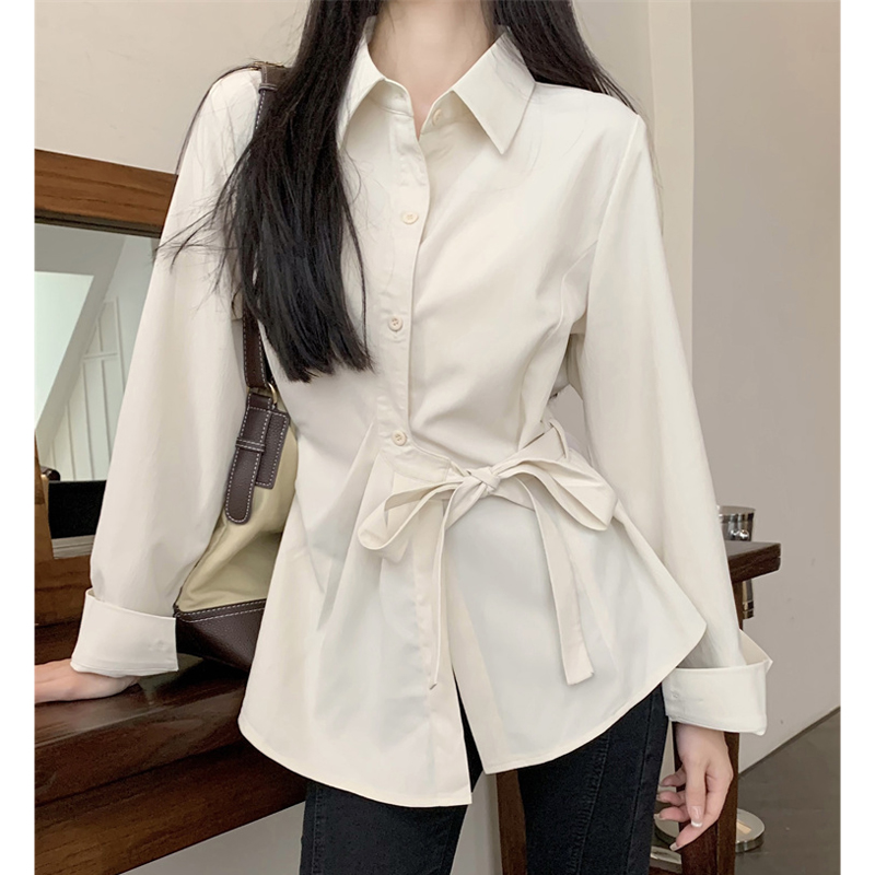 法式長袖襯衫女秋季2023新款別致襯衣小眾設計感系帶收腰顯瘦上衣