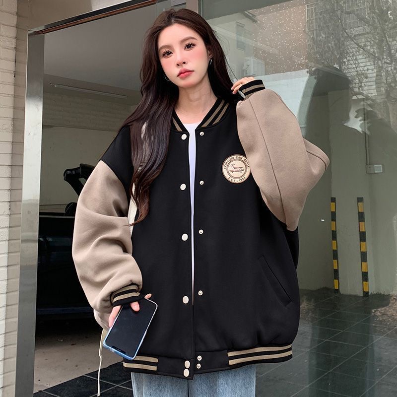 Lazy style baseball uniform jacket for women in autumn and winter plus velvet American retro loose casual cardigan sweatshirt ins for women