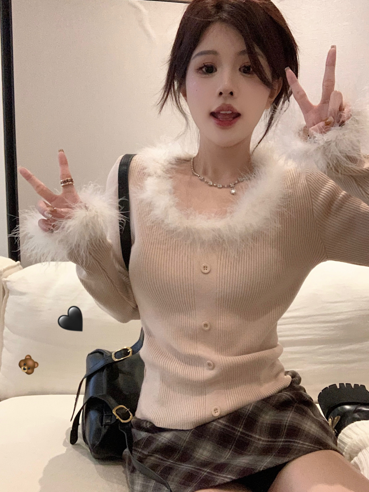 實拍 毛茸茸領毛針織衫女秋季新款小清新紐扣長袖內搭上衣