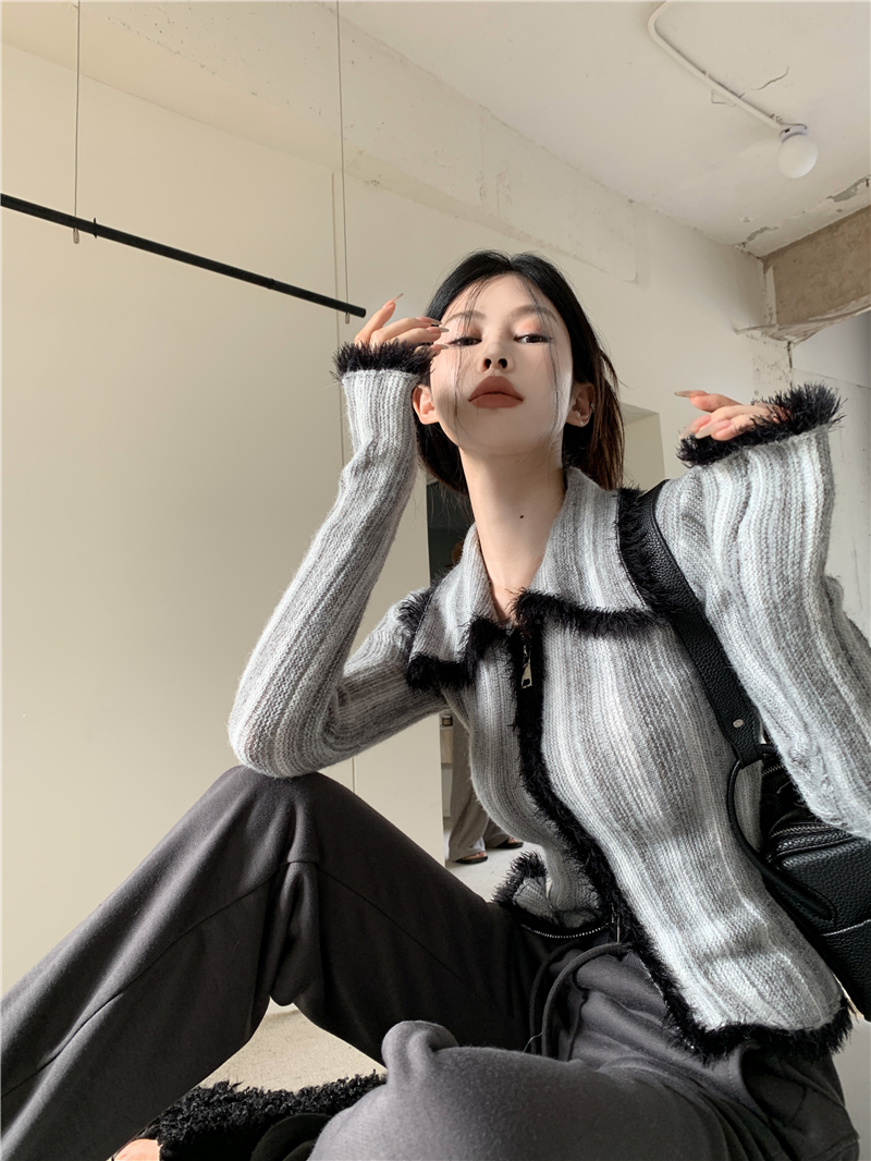 實拍 辣妹短款修身長袖針織衫外穿毛衣開衫翻領拉鏈上衣