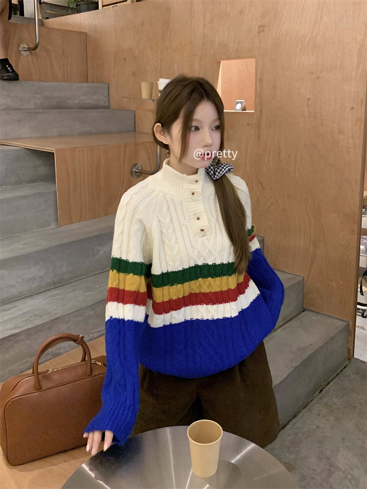 實拍！半高領麻花針織毛衣女polo領撞色長袖上衣