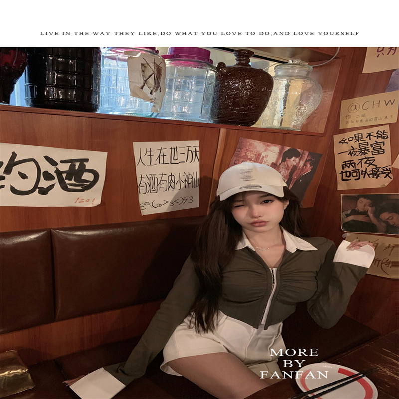 春秋假兩件拼色長袖襯衫女短款修身顯瘦溫柔氣質法式上衣