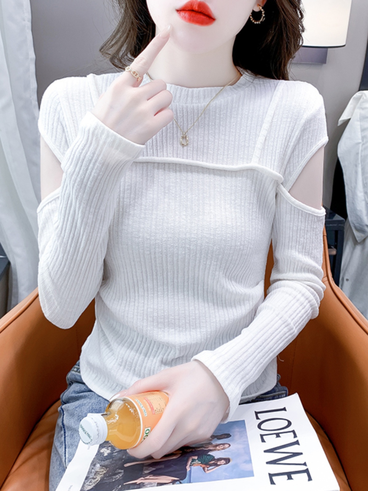 復古鏤空長袖打底衫女秋裝2023年新款百搭不規則修身針織t恤上衣