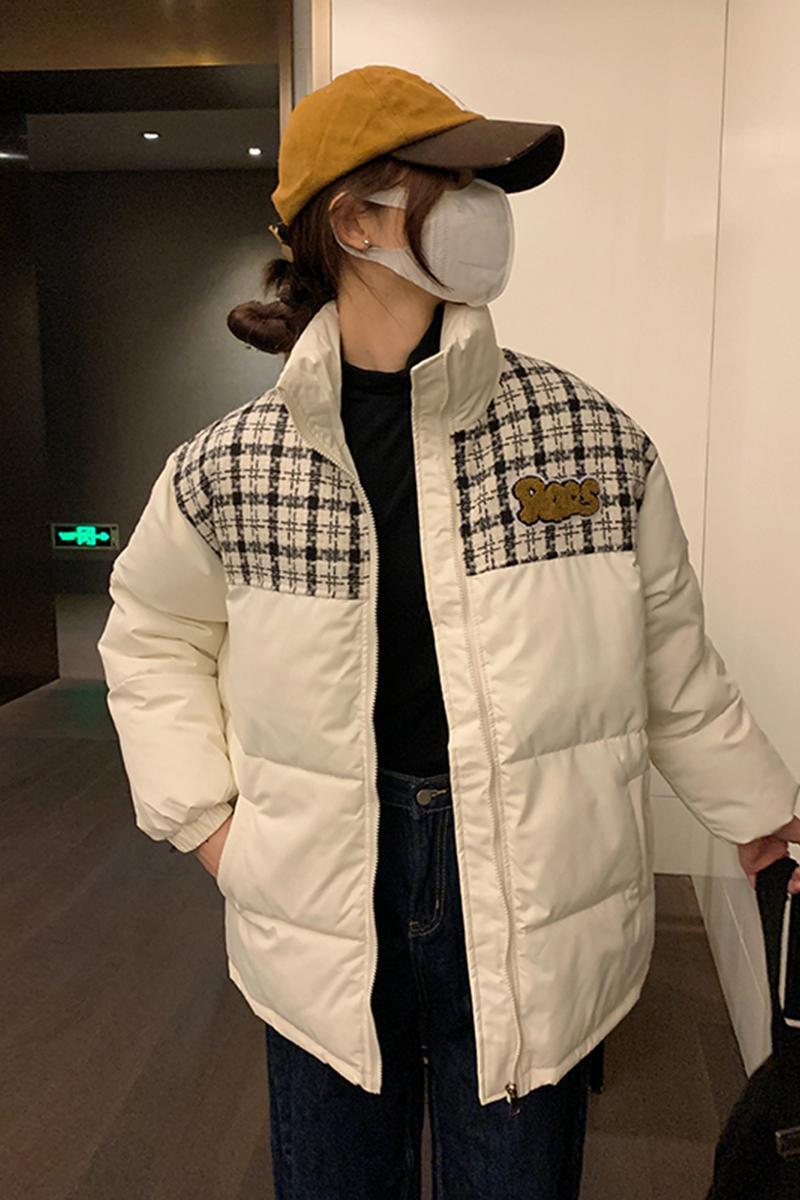 實拍秋冬新款小香風格子拼接棉服加厚美式hiphop學生情侶棉衣外套