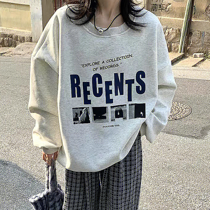 大衛衣190克美式復古字母印花圓領衛衣韓版慵懶寬鬆上衣