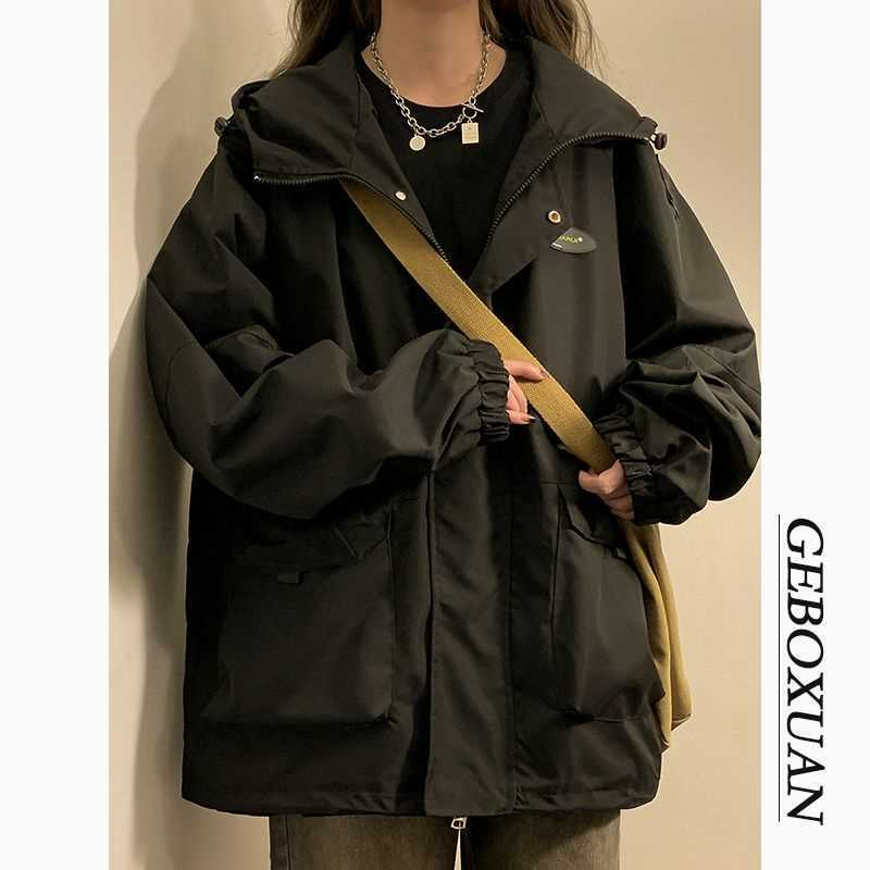 衝鋒衣外套女美式復古高級設計感小眾春季ulzzang連帽工裝夾克潮