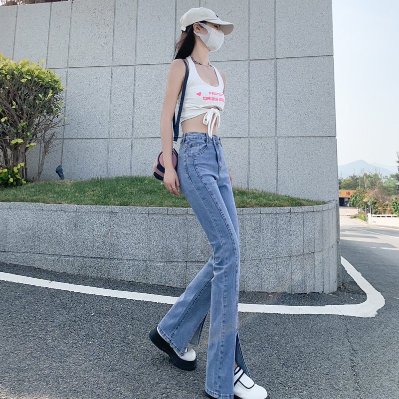 高質高腰開叉牛仔褲女量2023年新款百搭顯瘦垂感拖地喇叭褲子