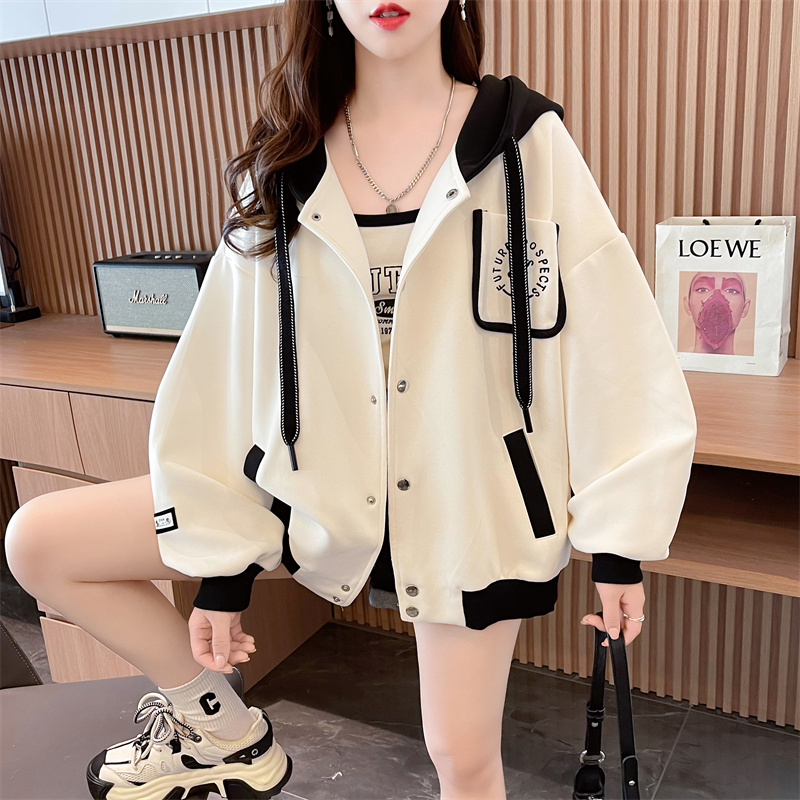 實拍 寬鬆連帽棒球服外套女秋冬小眾撞色拼接卡通刺繡開衫