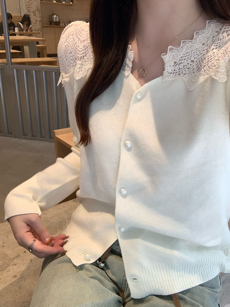 實拍 韓版氣質甜美蕾絲拼接設計洋氣針織衫紐扣復古長袖毛衣