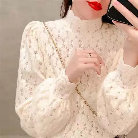 半高領磨毛蕾絲打底衫女秋冬洋氣泡泡袖內搭2023春秋新款上衣