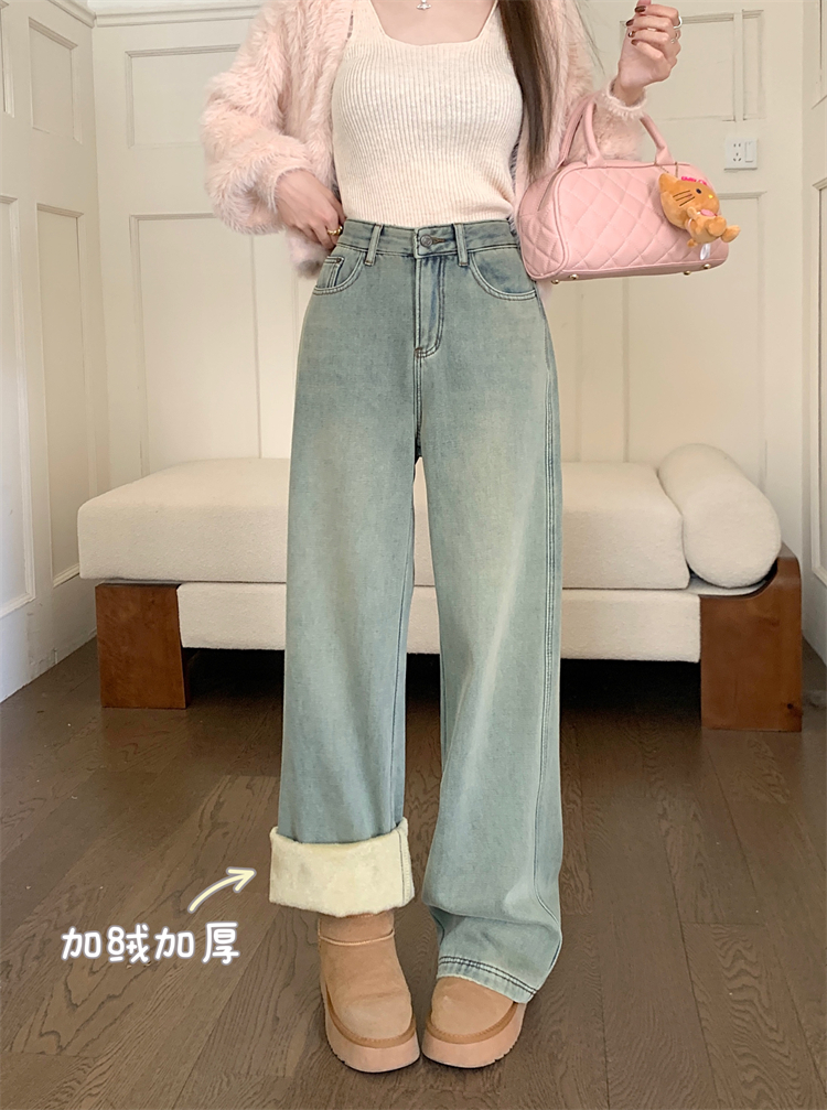 實拍 ~美式復古加絨加厚牛仔褲女高腰顯瘦直筒闊腿拖地長褲