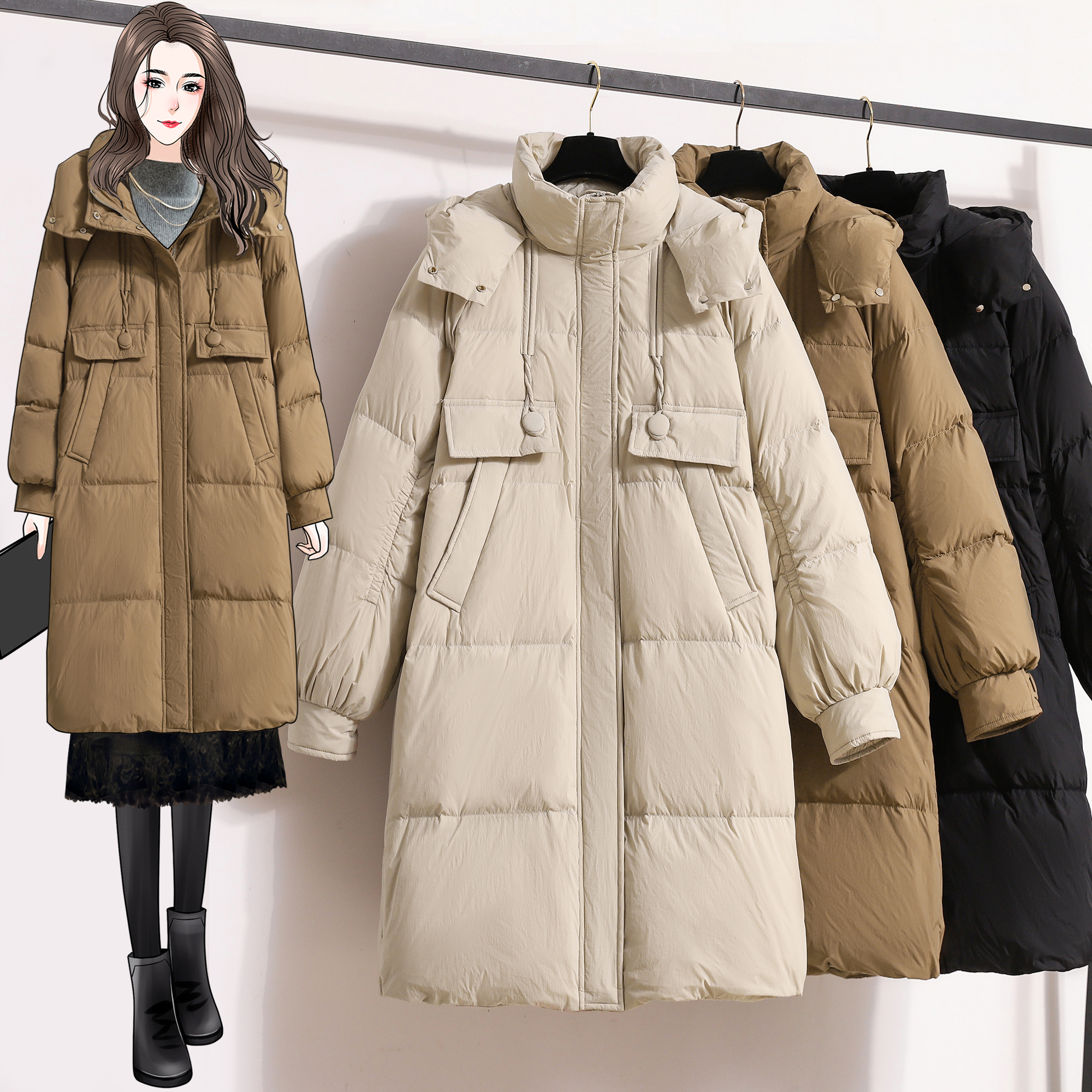 9902實拍90白鴨羽絨服女冬季中長款連帽時尚百搭保暖外套