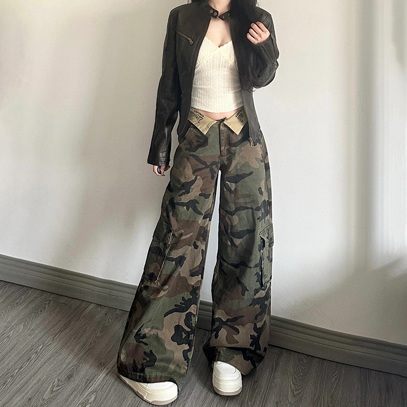 美式街頭迷彩工裝牛仔褲女小個子字母翻邊設計感直筒寬鬆闊腿長褲