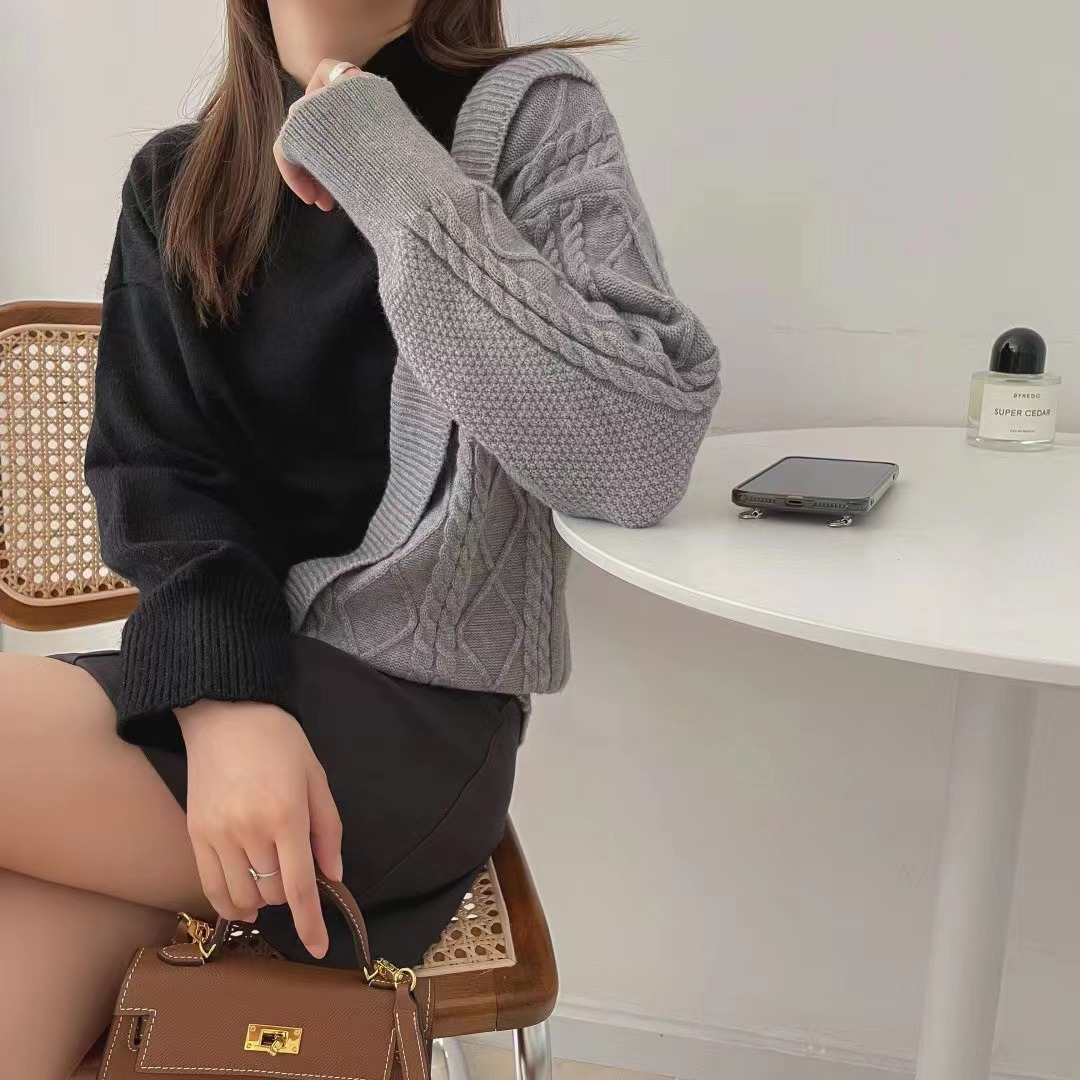 歐貨設計感撞色拼接半高領毛衣女秋冬寬鬆外穿上衣洋氣打底針織衫