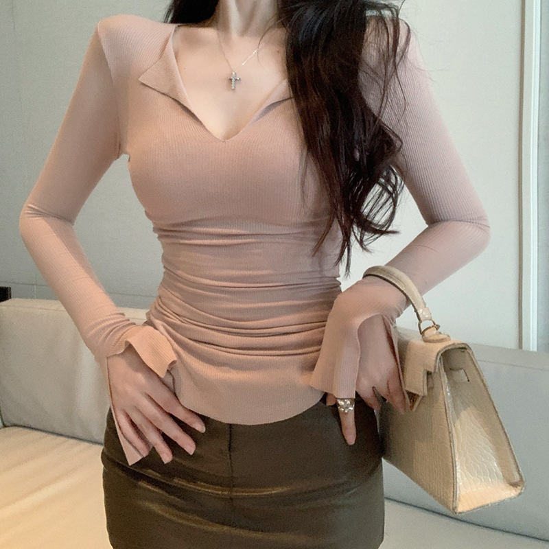 實拍純欲性感V領緊身顯瘦褶皺磨毛加絨弧形下擺打底衫長袖T恤上衣