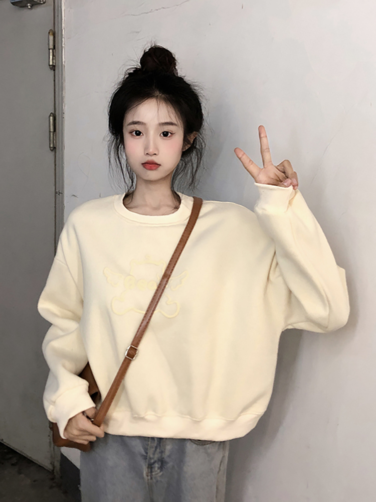 310克仿棉交織布不起球 加絨衛衣女圓領短款發泡印花 後包條