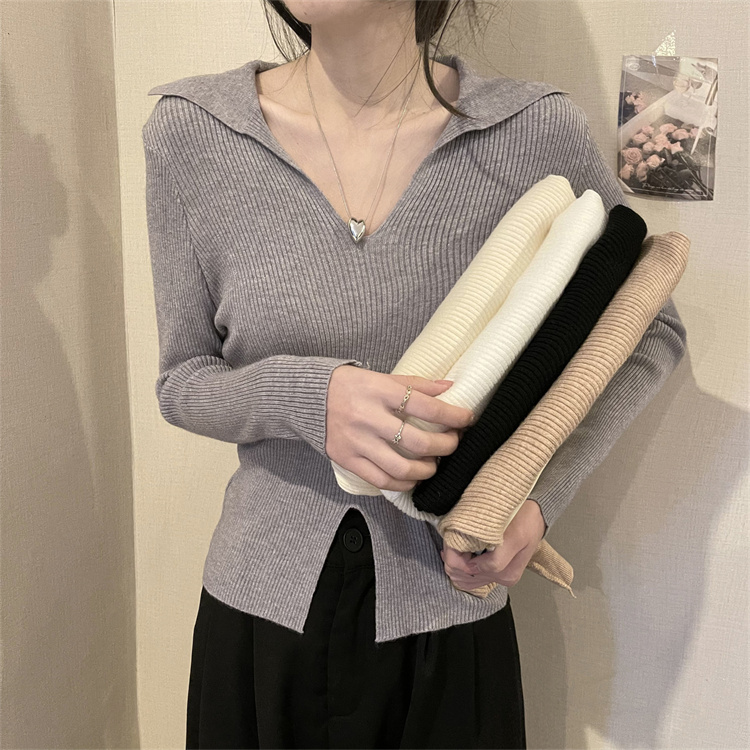 實拍polo開叉針織衫女設計感修身顯瘦韓版別致長袖女上衣