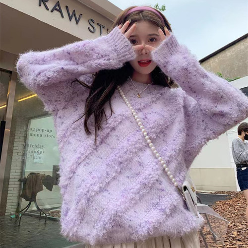 Purple gentle style design soft waxy long-sleeved sweater women's autumn and winter new style loose mid-length plush