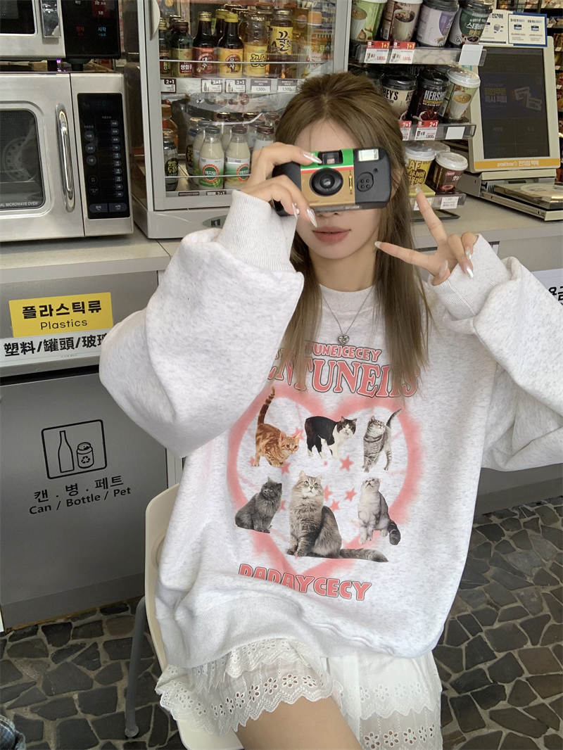 實拍~原創 韓系鬼馬少女愛心貓咪印花寬鬆加絨衛衣