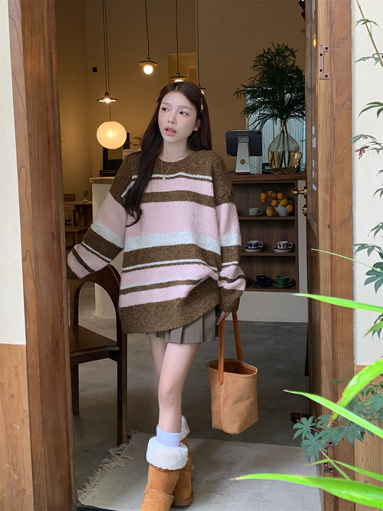 實拍秋冬韓chic元氣少女撞色條紋毛衣上衣
