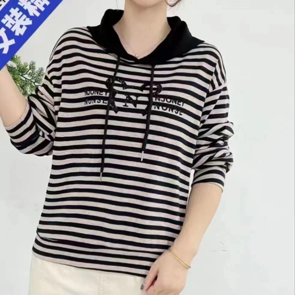 正版高檔棉女裝秋季新款連帽條紋衛衣女士長袖休閒寬鬆上衣