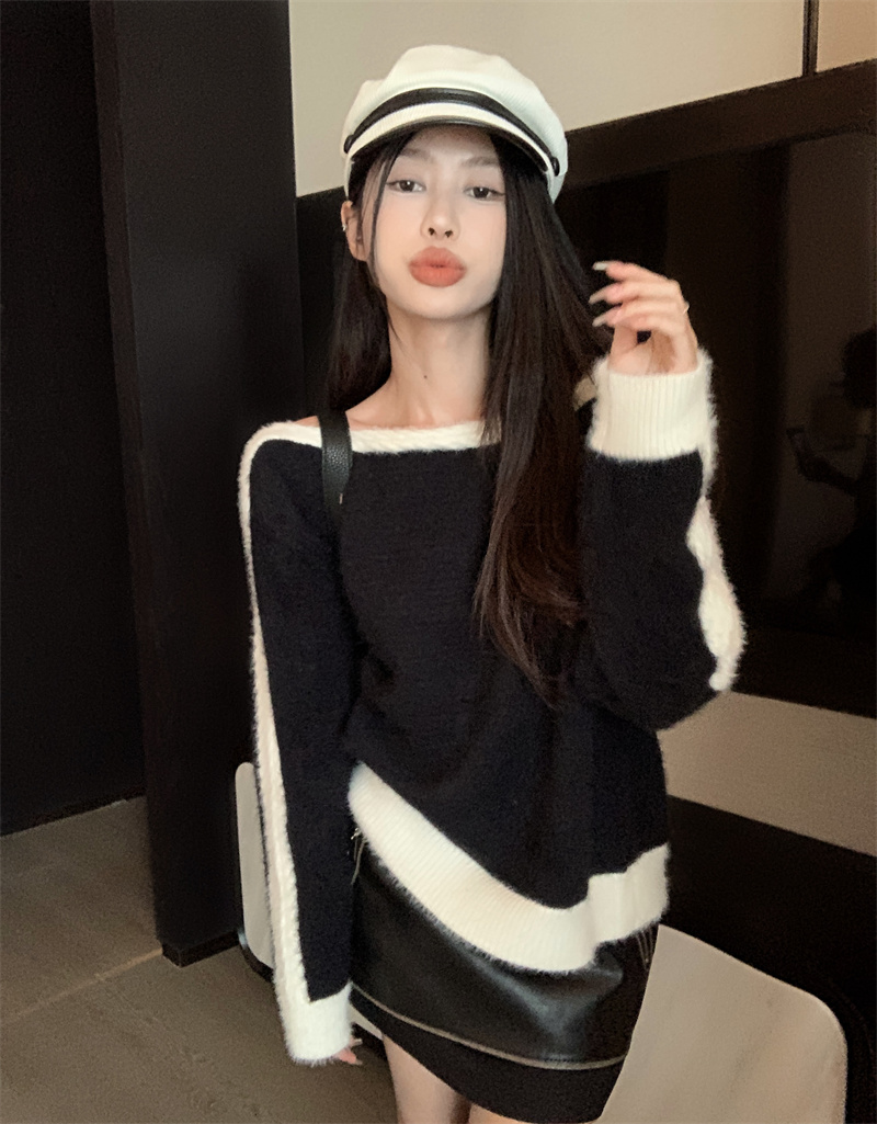 實拍 法式溫柔寬鬆新款拼色慵懶風針織衫上衣