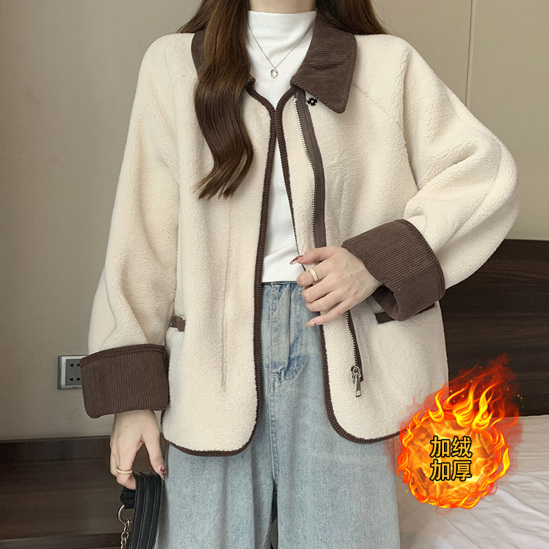 Actual shot of 2023 new winter clothing for fat mm plus size women's versatile all-in-one velvet plus plush thickened cardigan lapel jacket