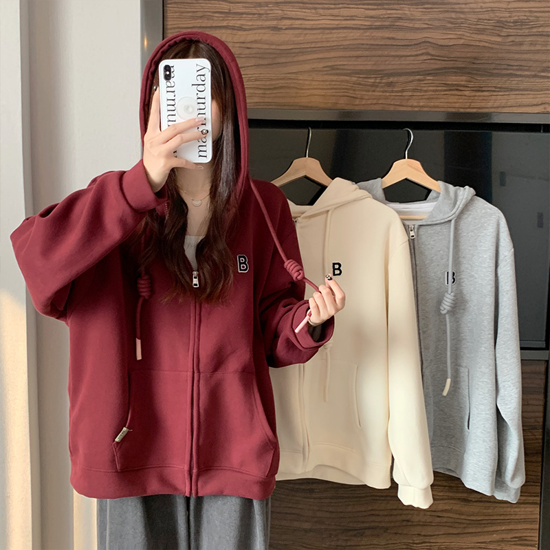 酒紅色oversize外套加絨加厚棒球服春秋女小個子秋冬連帽拉鏈衛衣