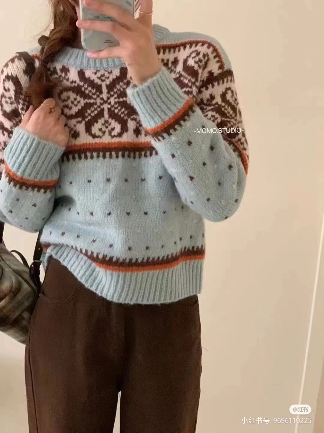 韓系拼色復古花紋厚實暖和圓領套頭毛衣