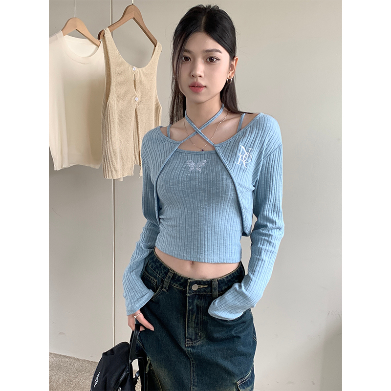 實拍2023新款蝴蝶字母繡花兩件套吊帶上衣女小眾辣妹綁帶外穿T恤