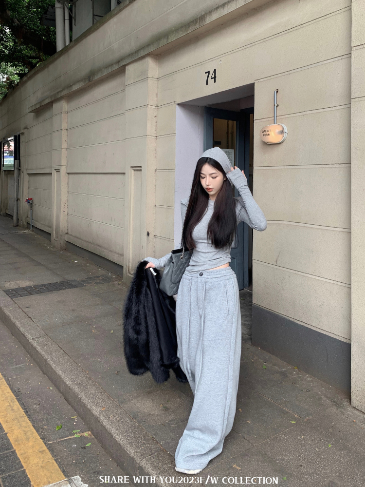 實拍 辣妹螺紋連帽打底衫女秋季+抽繩慵懶風寬鬆休閒運動衛褲