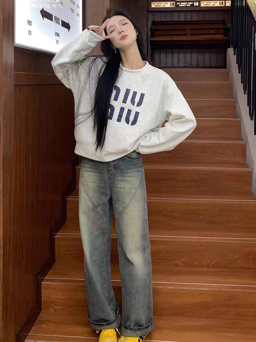 純棉複合 小個子短款衛衣女秋冬裝寬鬆慵懶風長袖圓領上衣