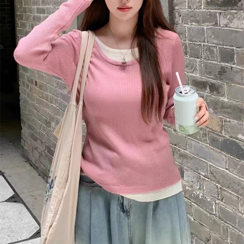 小個子秋季高級別致絕美長袖假兩件設計上衣女正肩T恤針織打底衫