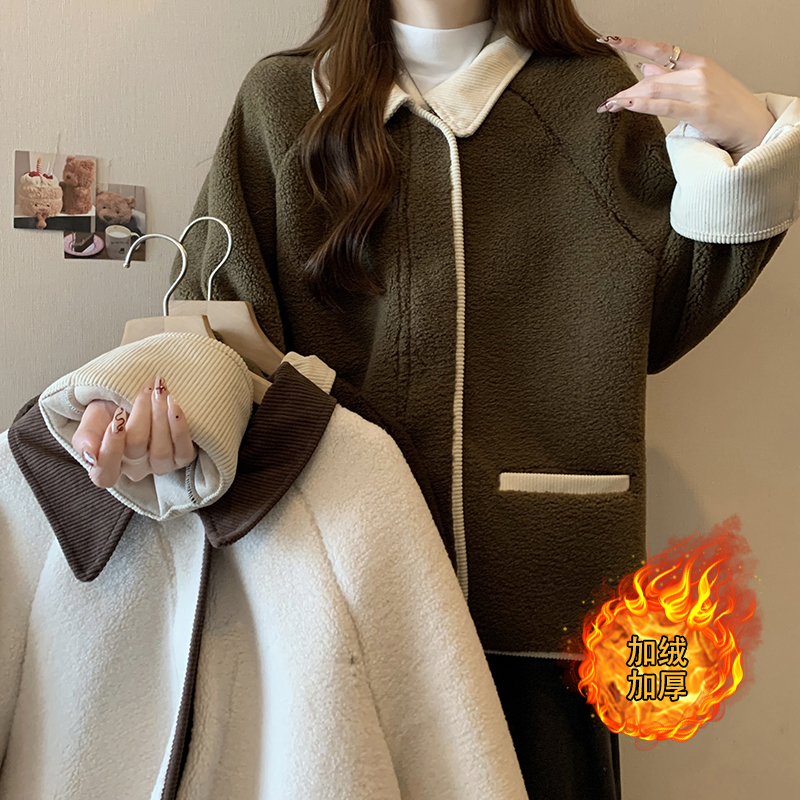實拍2023冬裝新款胖mm大碼女百搭一體絨加絨毛加厚開衫翻領外套
