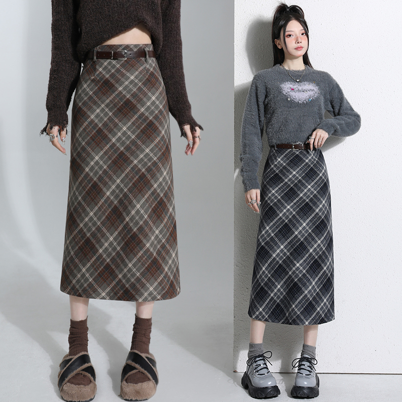 實拍毛呢格子半身裙女2023秋冬高腰A字包臀開叉格紋長裙配腰帶