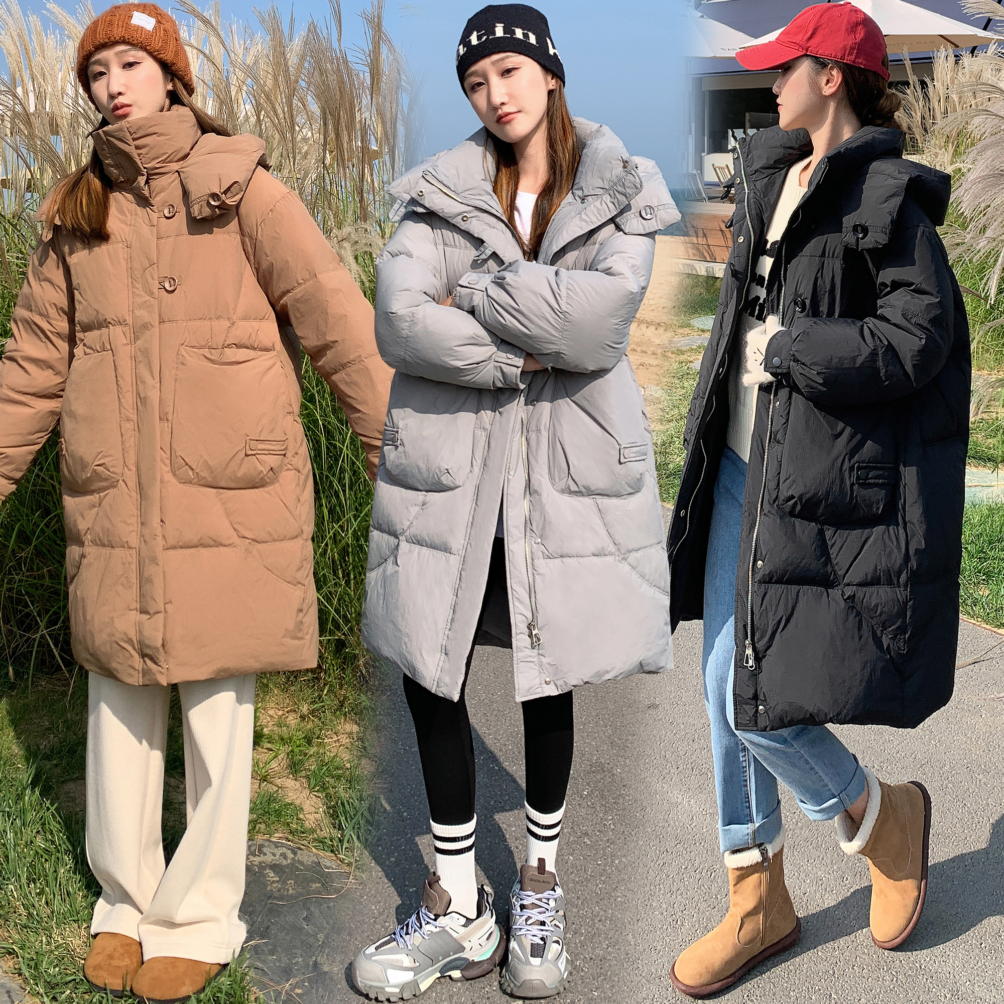 9901實拍加厚90白鴨絨羽絨服女冬季連帽純色中長款歐貨外套