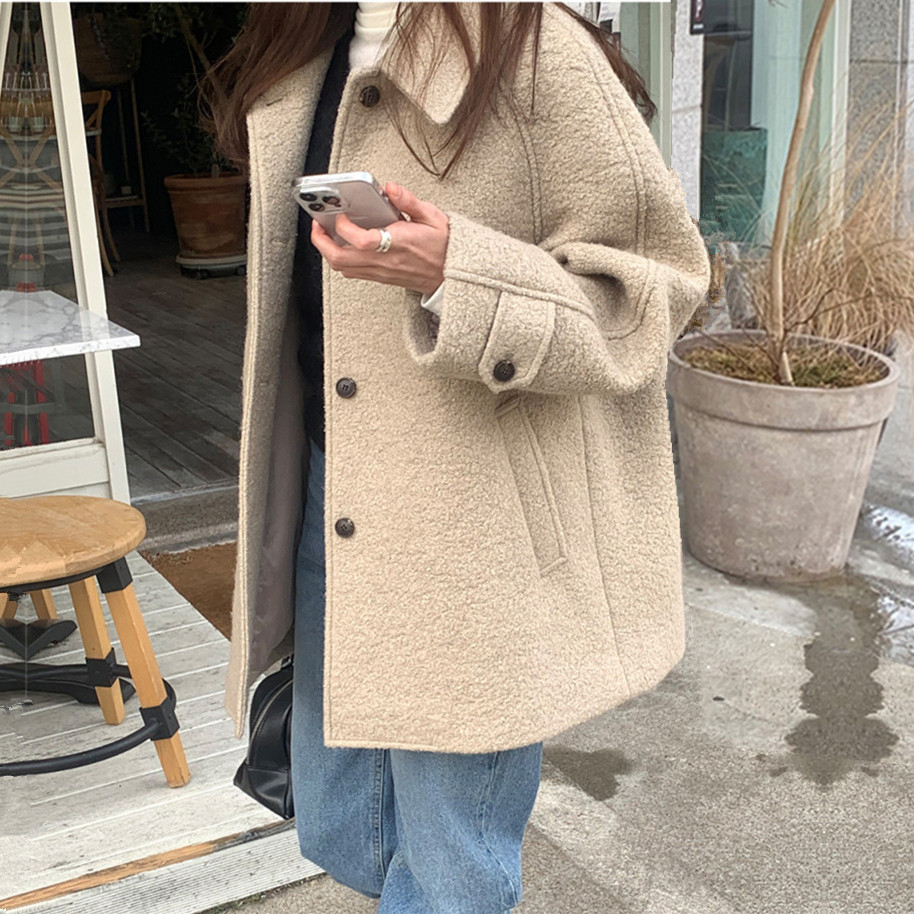 韓版POL領休閒羊毛呢外套大衣女2023秋冬新顯瘦羊毛呢風衣大碼