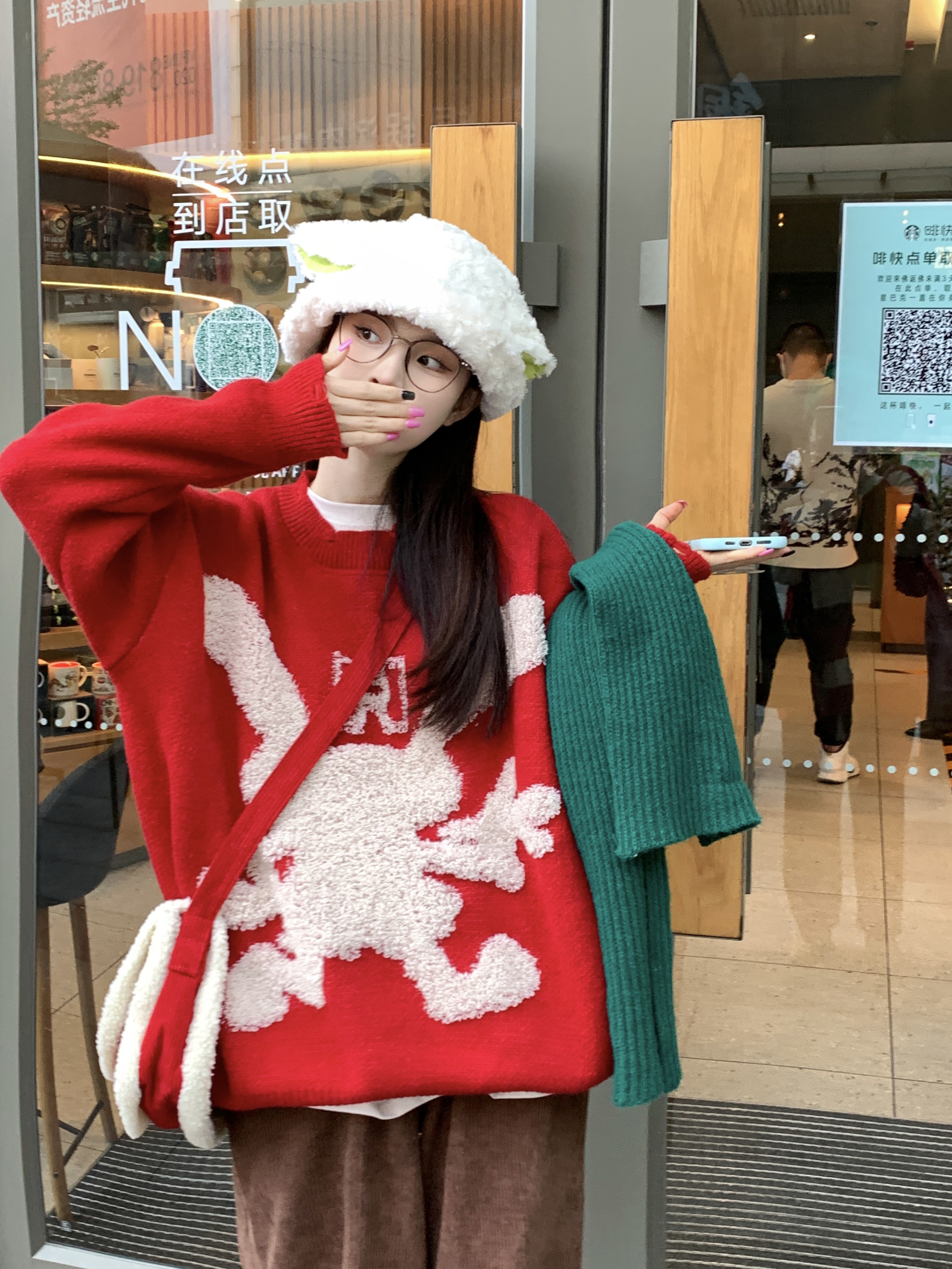 實拍 新年聖誕紅兔子毛衣女寬鬆設計感外穿聖誕長袖針織上衣