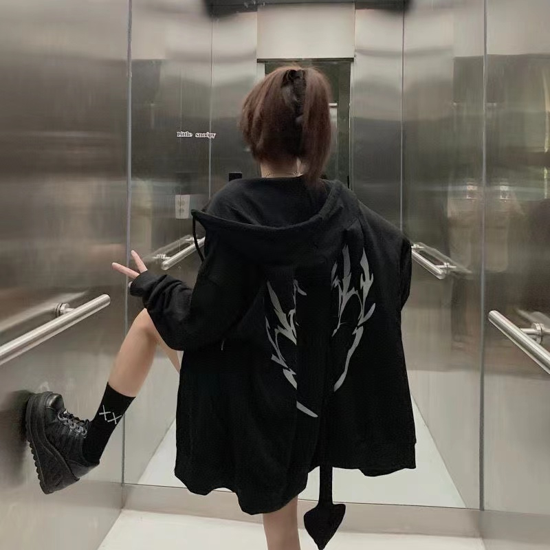 秋冬暗黑百搭惡魔拉鏈外套長袖連帽衛衣女印花字母小尾巴情侶上衣