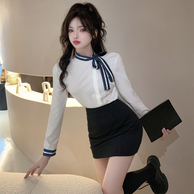 實拍職業裝套裝裙工作服女秋季氣質修身長袖襯衫包臀裙時尚兩件套