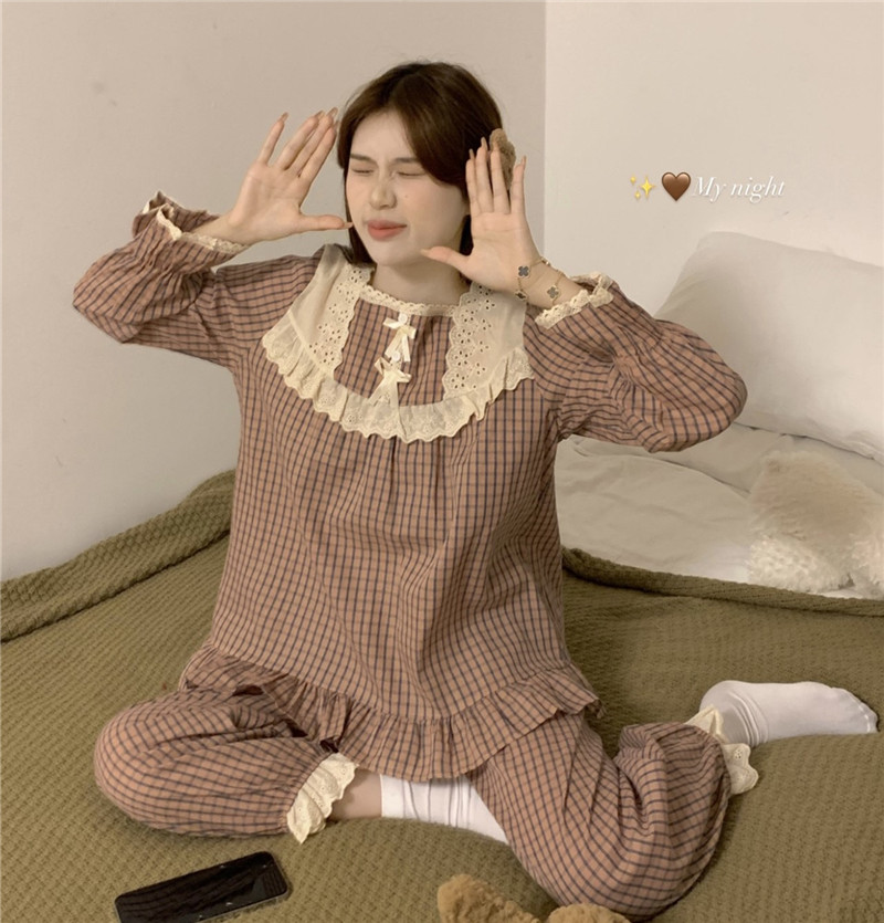 實拍韓版甜美宮廷風蕾絲花邊粉色格紋外穿秋冬家居服套裝