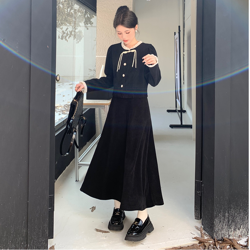 高級感胖妹妹顯瘦連衣裙2023秋冬設計感燈芯絨外套半身裙氣質溫柔