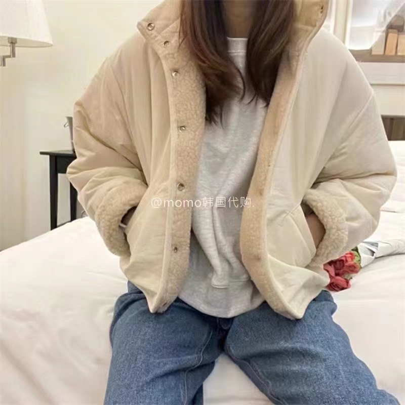 韓國chic 立領毛絨內里滾邊棉服短外套