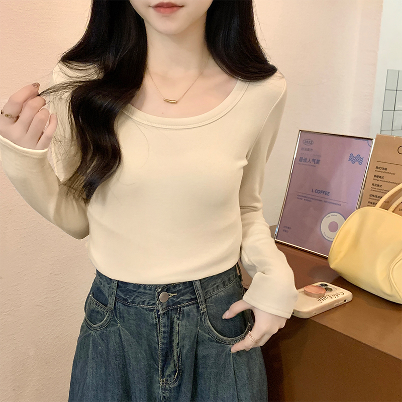 實拍螺紋低圓領長袖t恤女秋冬內搭純色修身顯瘦正肩鎖骨上衣