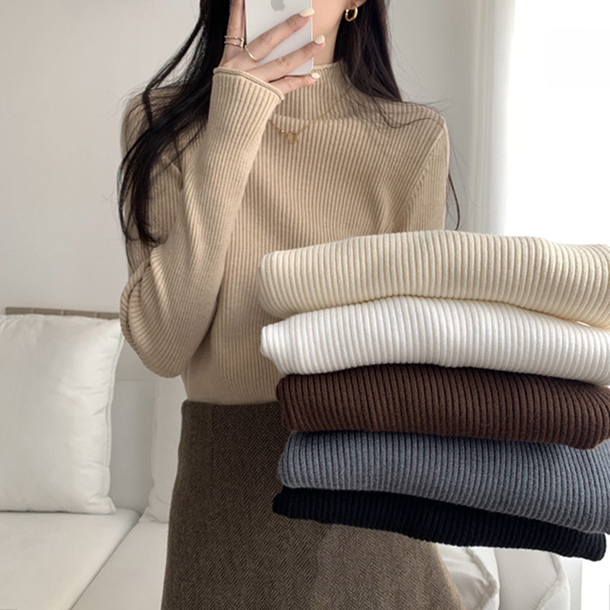 Half turtleneck thickened bottoming sweater for women autumn Korean version 2023 new slim slim long-sleeved bottoming shirt top