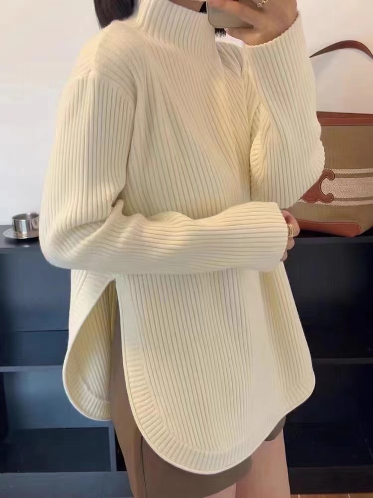 半高領開叉針織衫女秋季韓版2023新款百搭寬鬆設計感內搭長袖上衣