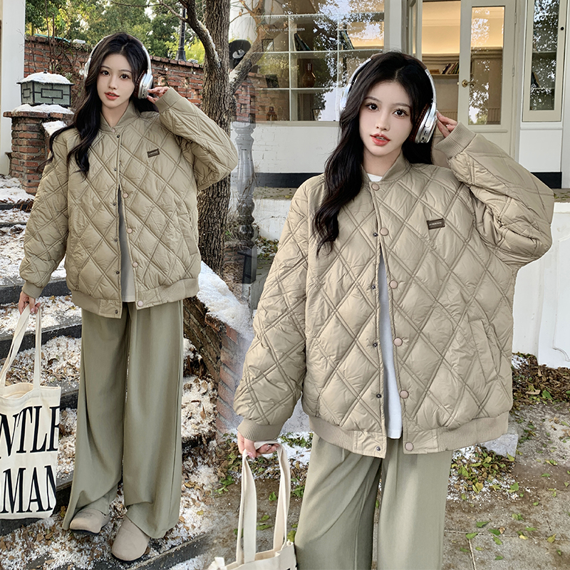 實拍~2023新款冬季羽絨棉衣女韓系棉襖秋冬夾棉外套菱格棒球棉服